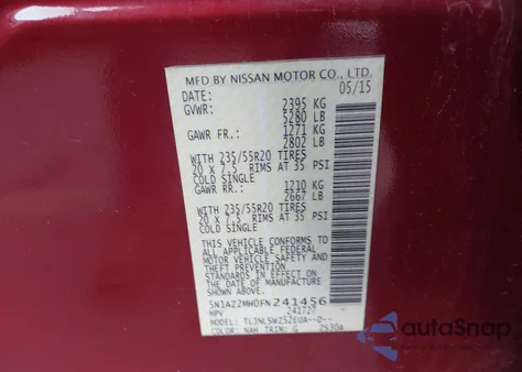 2015 Nissan Murano Platinum from USA, damaged, VIN 5N1AZ2MH0FN241456